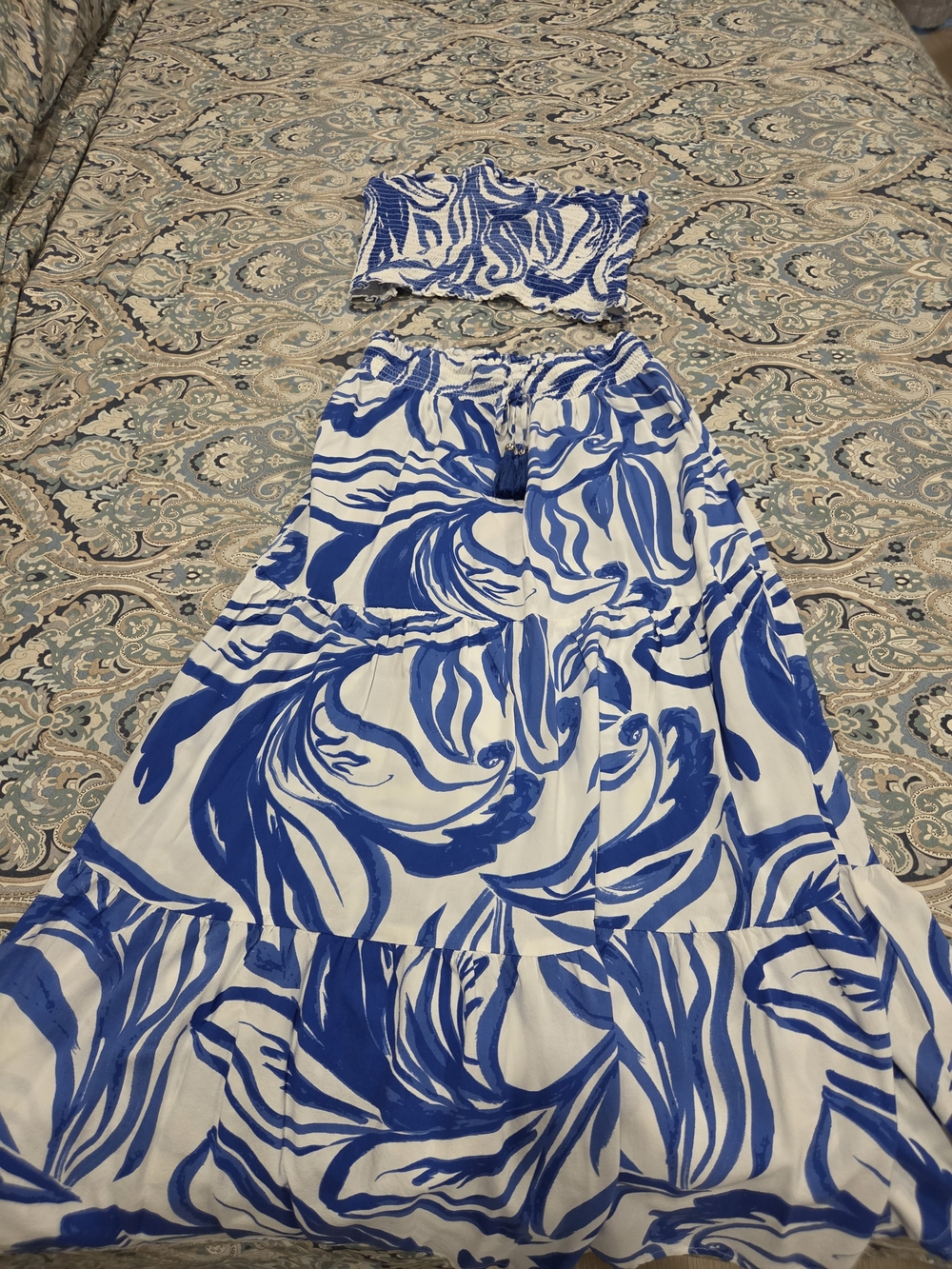 Source Unknown Blue and White Strapless Crop Top & Maxi Skirt Set